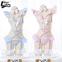 sexy harness garter bondage body cage lingerie cute maid sweet plaid uniform set gothic pink blue chiffon with bow knot 2021 new