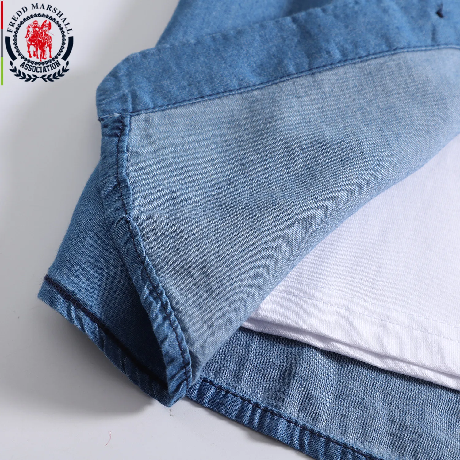 FREDD MARSHALL 2021 новая джинсовая рубашка с коротким рукавом и потертостями Мужская