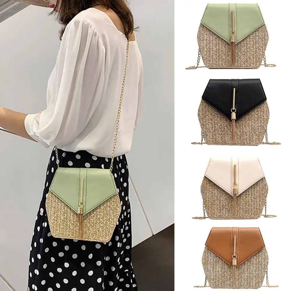 Женская соломенная сумка в стиле шестиугольника + Кожаная из ротанга плетеная