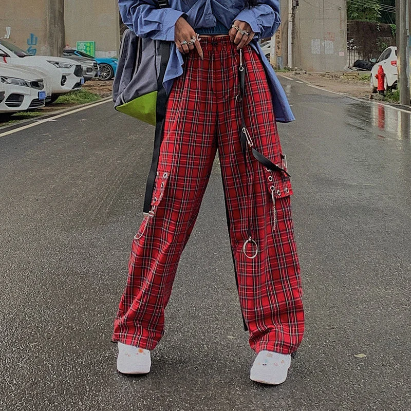 

pantalon Cargo à carreaux pour femme, style gothique, Harajuku, rouge, jambes larges, Streetwear, mode Hippie, automne
