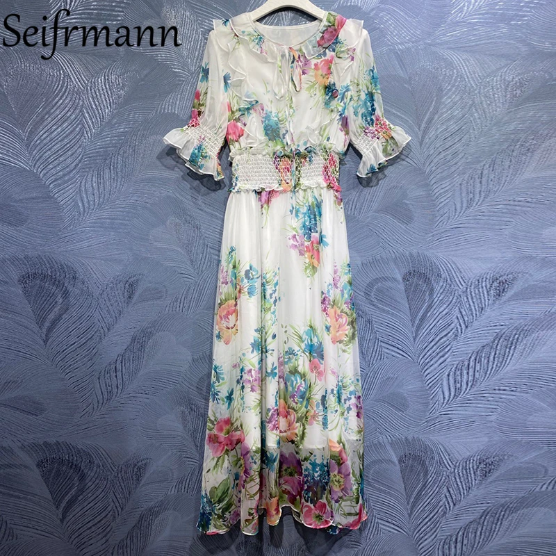 

Seifrmann New 2021 Summer Women Fashion Designer Party Long Dress Flare Sleeve Gorgeous Ruffles Elastic Waist Printed Dresses