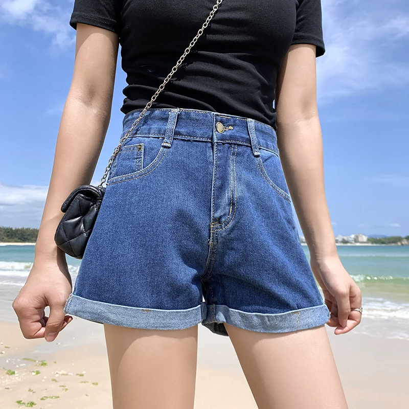 Женские винтажные джинсовые шорты COIGARSAM классические синие широкие с высокой