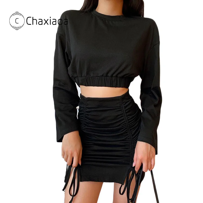 Женский комплект из двух предметов CHAXIAO короткий топ с длинным рукавом однотонная черная мини юбка оборками