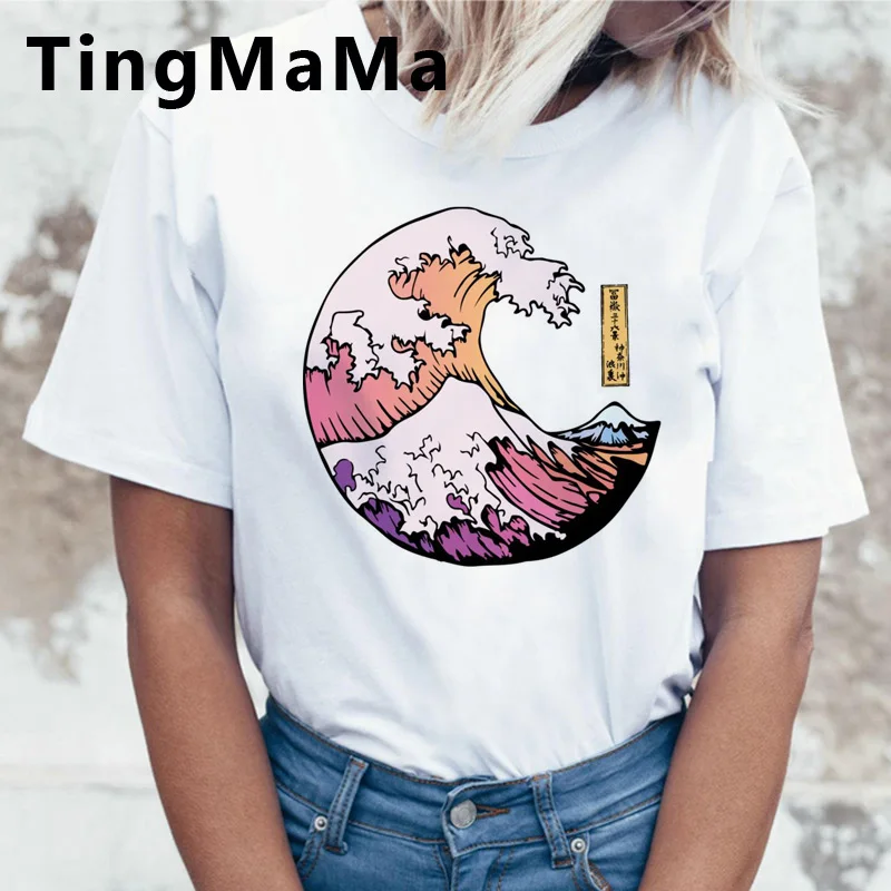 Женская футболка в японском стиле с героями мультфильмов The Great Wave Харадзюку хип