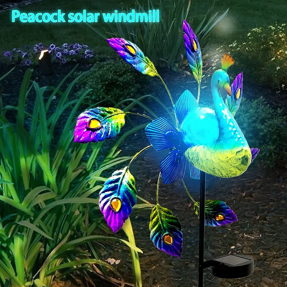 

Decorative Wind Spinners Yard and Garden Home Decor Ornament Wrought Iron Painted Peacock Decorative Stakes Solar Light Windmill