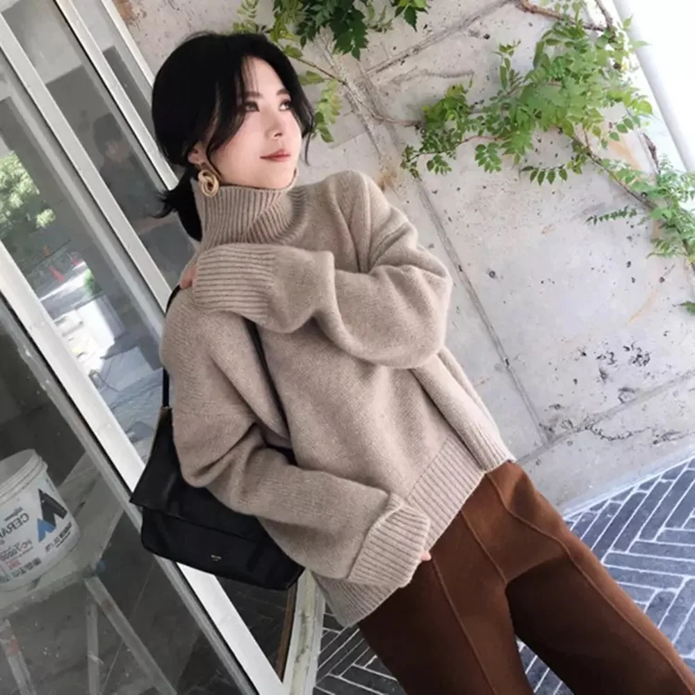 Женские вязаные Джемперы свободные и удобные свитера с высоким воротником зима