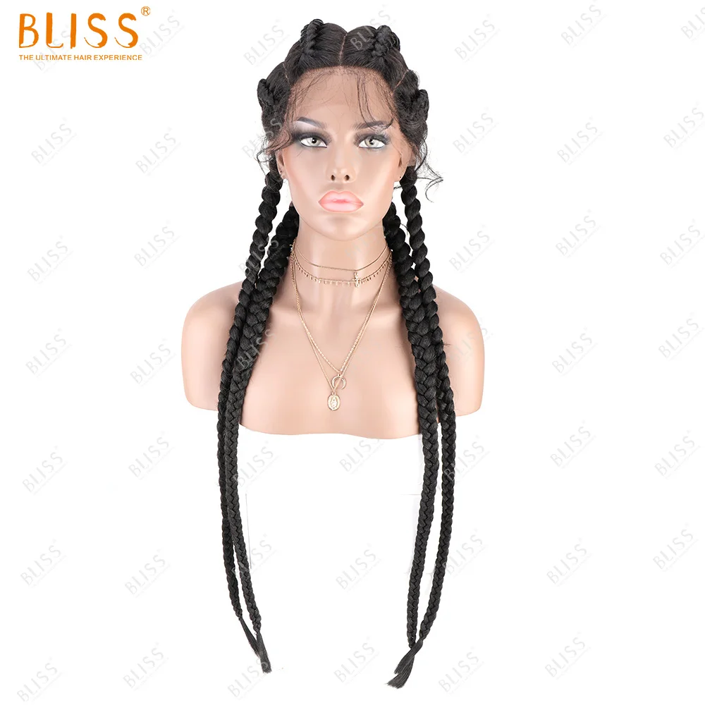 BLISS-Peluca de cabello sintético para mujer afroamericana, cabellera trenzada con encaje, 4 trenzas largas de 24 pulgadas y 180 de densidad