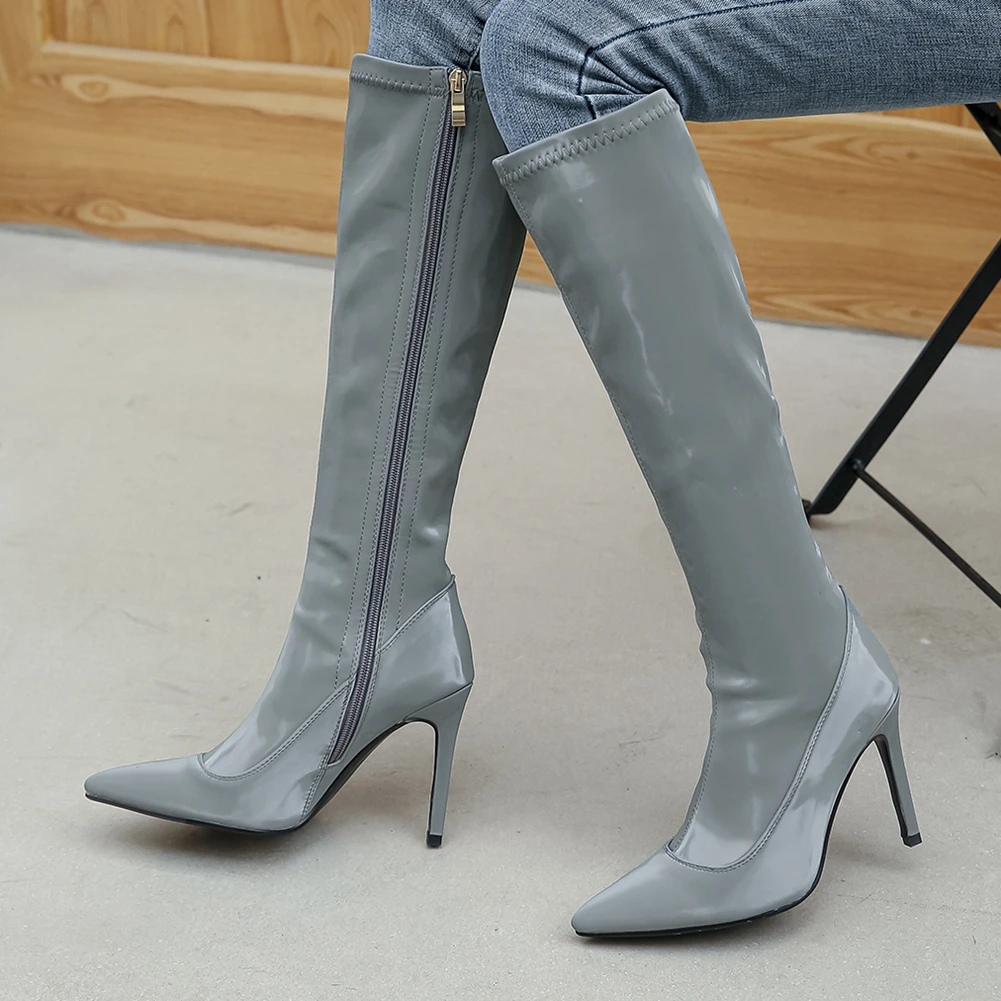 

DoraTasia New Plus Size 32-46 Female Knee High Boots Poingted Toe Thin High Heels Zip Boots Women Solid Sexy Party Woman Shoes
