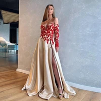2021 latest sexy high thigh split prom party gowns champagne off shoulder long sleeves evening dresses sweetheart appliqued