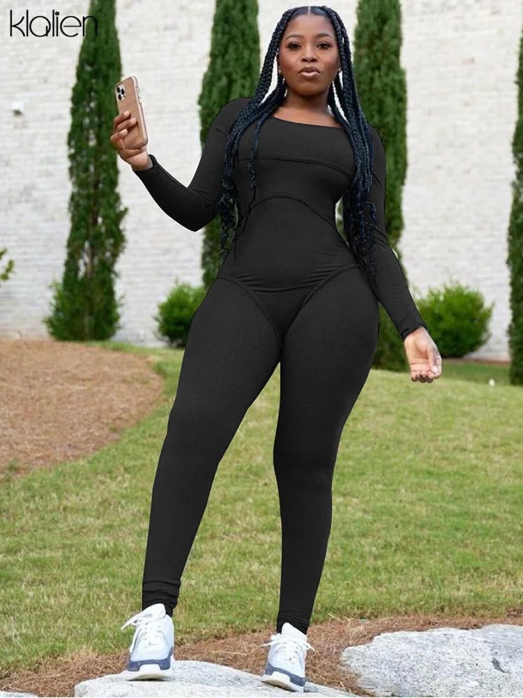 

KLALIEN Autumn Fashion Casual Streetwear Jumpsuit For Women Long Sleeve Solid Skinny Elastic High Female Romper Y2K 2021 New