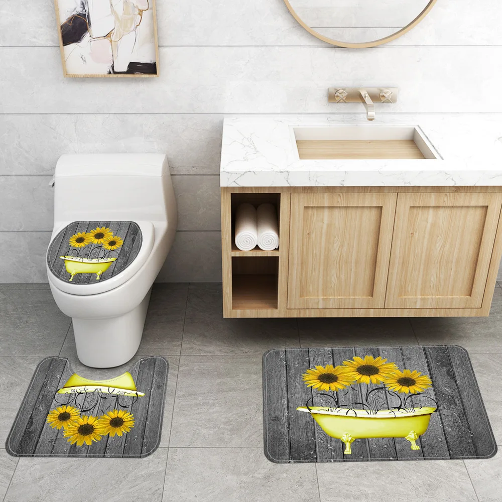 Набор ковриков для ванной с цветочным рисунком и занавески душа крышка унитаза