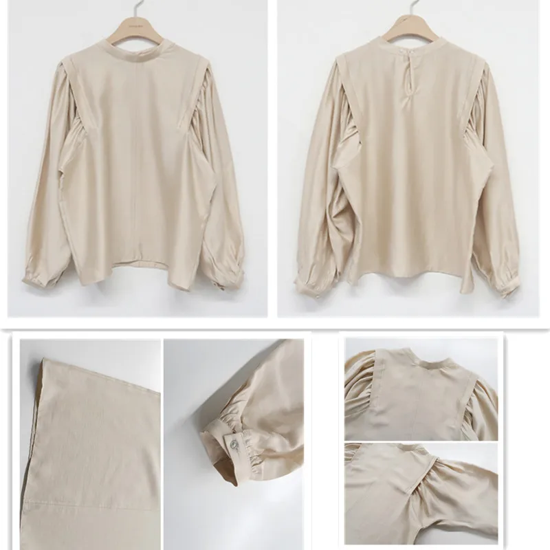 

Autumn Spring Lantern Sleeve Shirts Tops for Women 2020 Stand Collar Office Lady Work Blouse Solid Vintage Shirt Korean Clothes