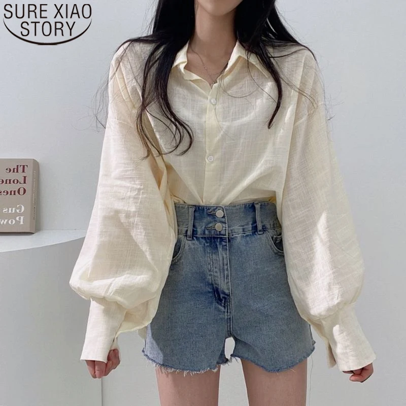 

Autumn Long Sleeve Button Shirt Casual Shirts Fashion Puff Sleeve Long Sleeve Shirt Turn-down Collar Loose Clothes Blusas 15852