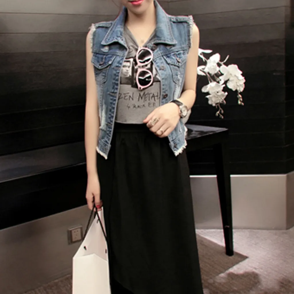 Короткая джинсовая куртка для женщин модная без рукавов большого размера на