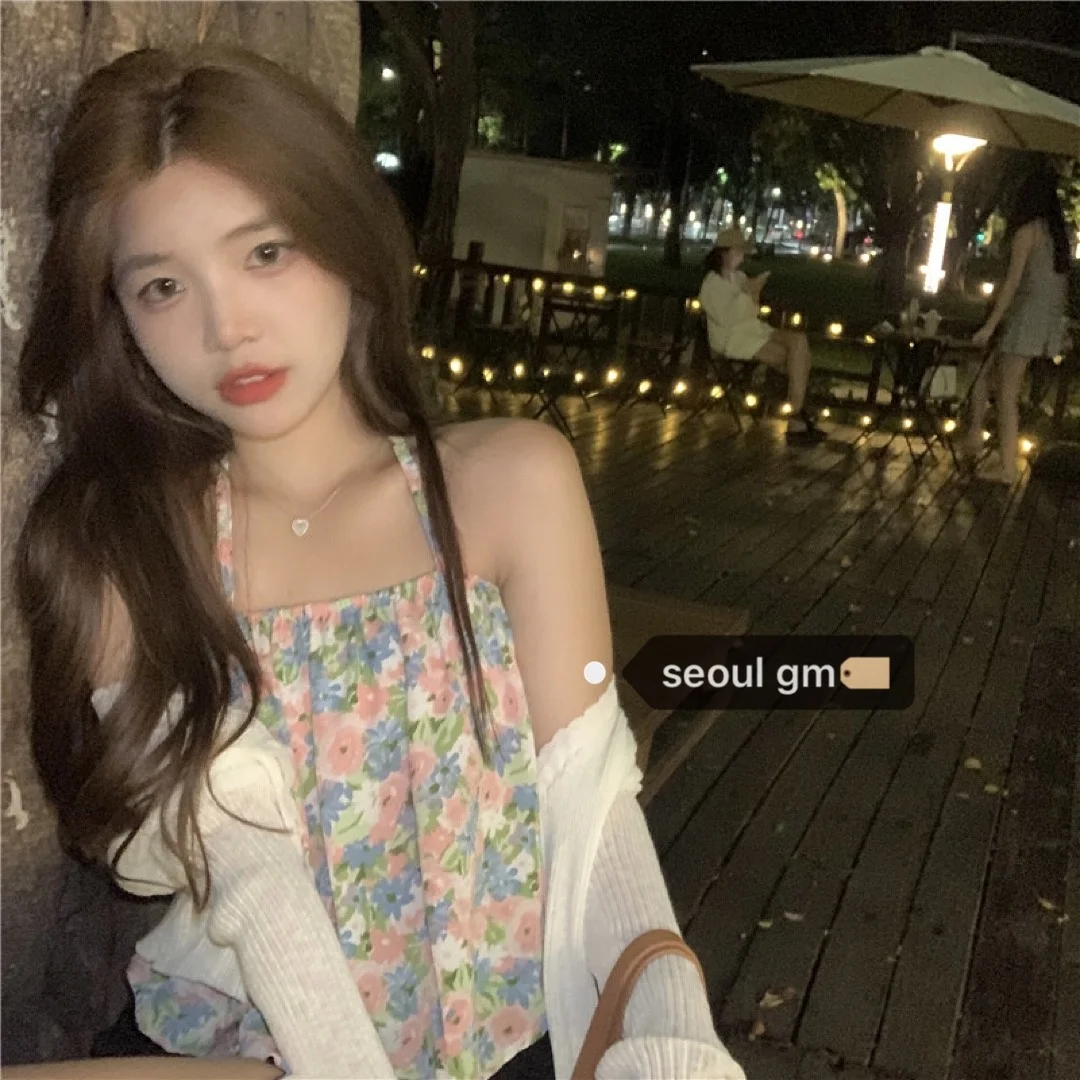 Summer Phuket Pure Sling Wind Spice Girl Sweet Broken Flower Hanging Neck Belly Pocket Versatile Cardigan | Женская одежда