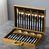 24pcs gold plated dinnerware set portuguese western stainless steel knife fork spoon luxury cutlery set gift box home kitchen
