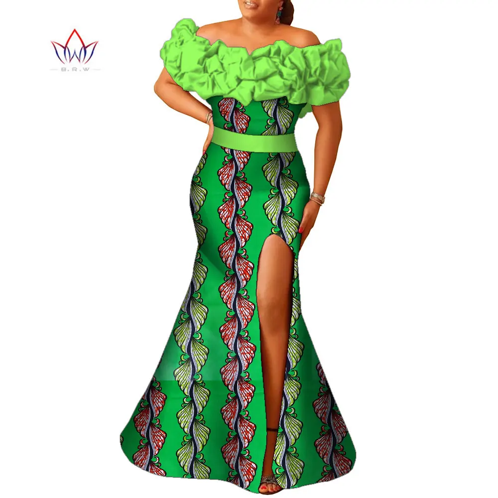 

2021 African Dresses For Women Bazin Riche Style Femme Bodycon Lady Print Ruffles Plus Size Party Long Wedding Vestido Wy9355