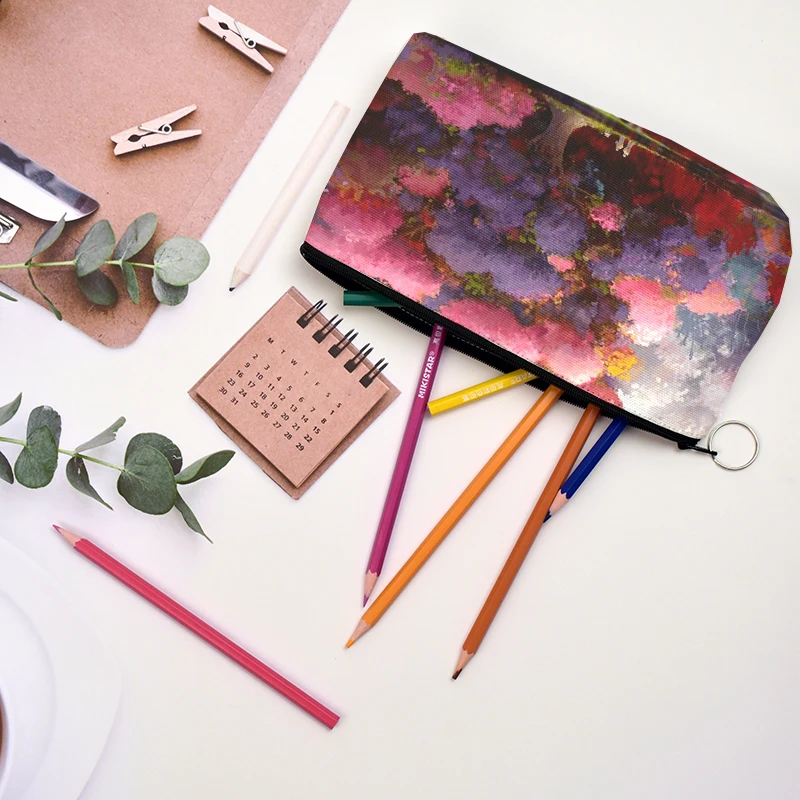 

New Pen Bag Animation Style Architectural Pattern Canvas Pencil Case Portable Large Capacity Student Pencil Case For Student