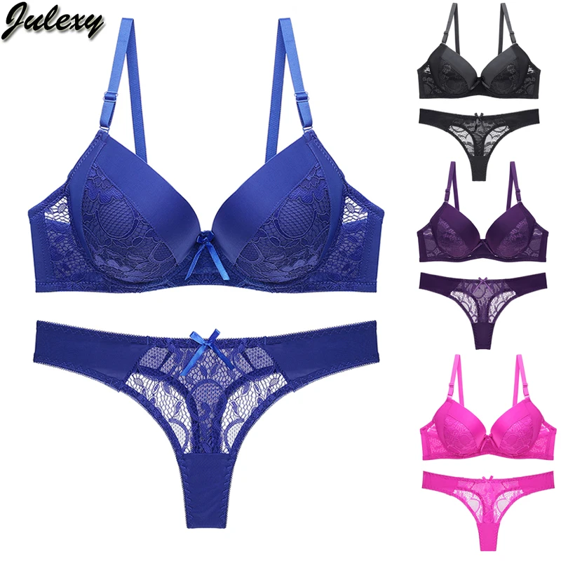 Julexy New Hollow out sexy tongs Women Bra Set B C Cup Intimates Lace G string Underwear Set Solid Sexy Bra And Panty Sets