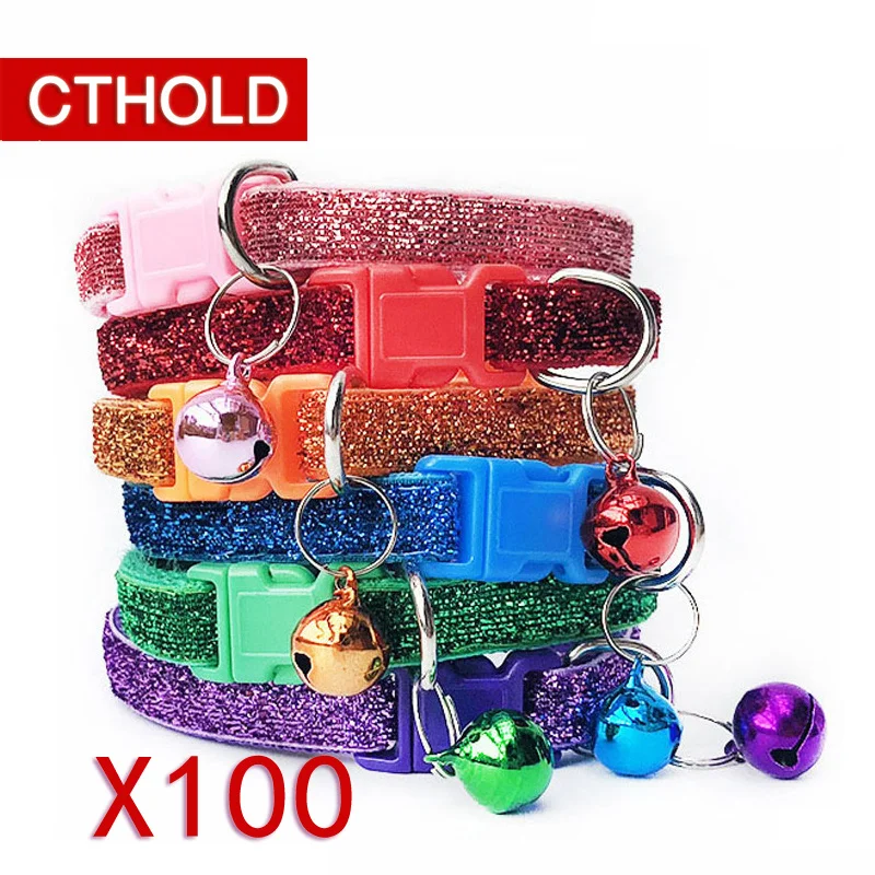 

CTHOLD 100pcs/lot Adjustable Puppy Shine Collar With Bell New 1.cm Color Powder Safety Buckle fashion Kitten Necktie Pet Dog Cat