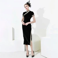 chinese qipao dress for women velvet mid length split black vintage elegant cheongsam