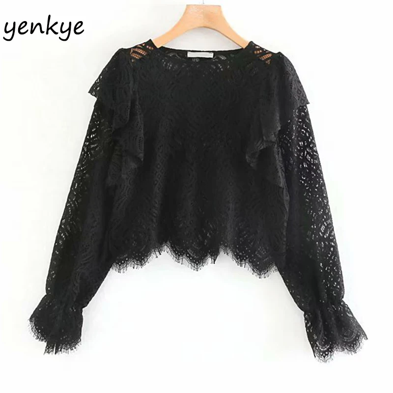 Женская кружевная блузка с длинными рукавами винтажный черный кроп топ оборками