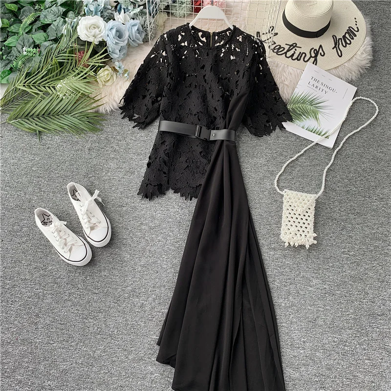 

fashion 2021 Summer New Sexy Round Neck Lace Short Sleeve Hollow Stitching Chiffon Irregular Ladies Casual Holiday Dress