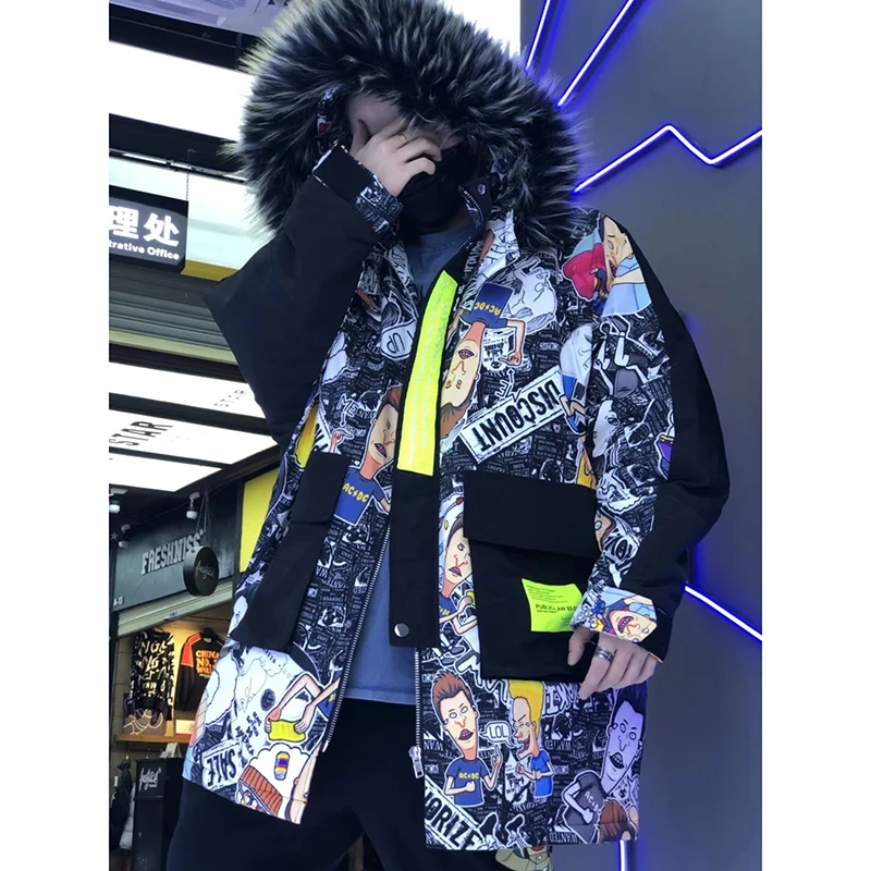 Парка мужская зимняя с меховым капюшоном смешная мультяшная уличная одежда в