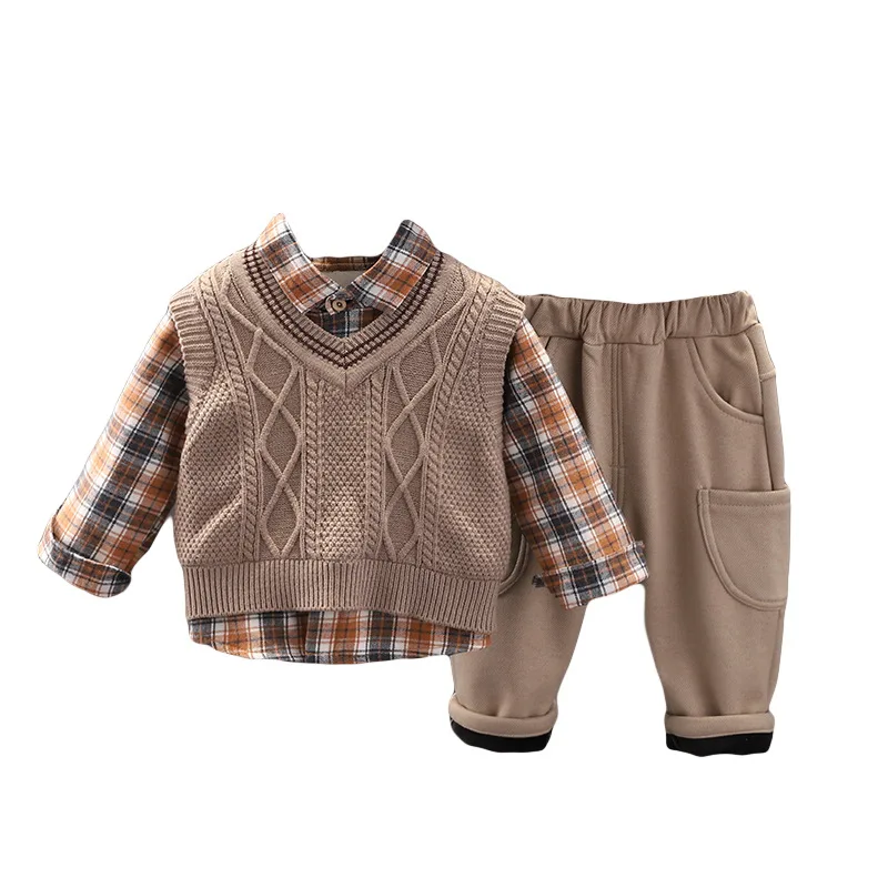 Traje de camisa de invierno para ni&ntilde;os, vestido para beb&eacute;s, versi&oacute;n coreana de finales de oto&ntilde;o, su&eacute;ter de cachemira, tendencia de tres piezas-4