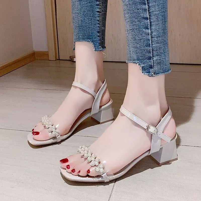 

2021 summer new style buckle high-heeled thick heel PU open-toe rubber women's slippers