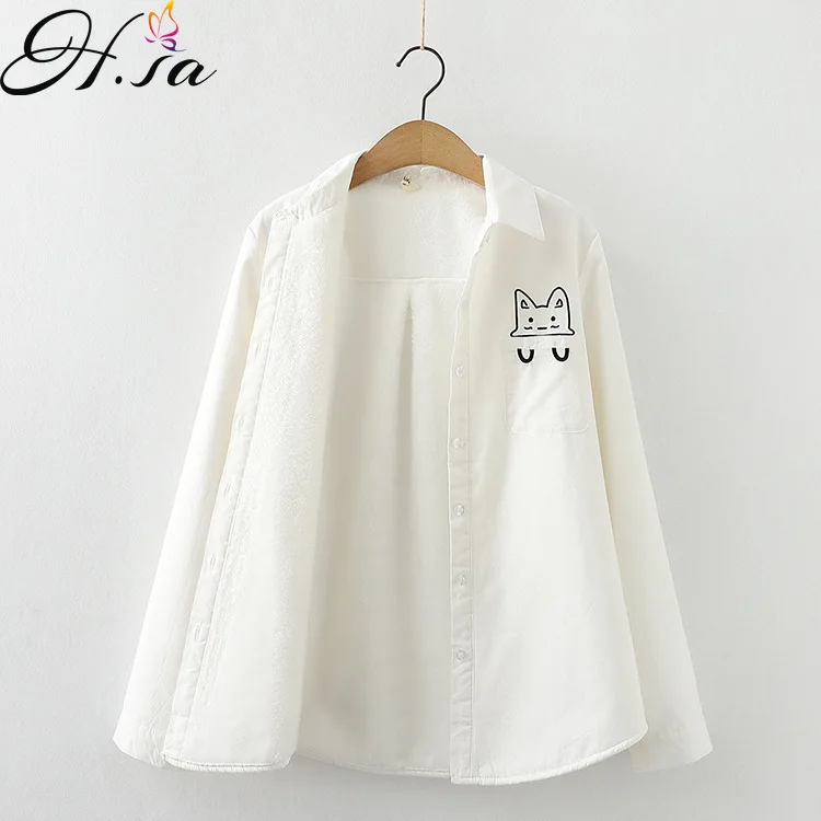 

Hsa 2021 New White Shirt Women's Autumn And Winter Artistic Cat Embroidery Long Sleeve Fleece Blusa Cotton Shirt Warm Top