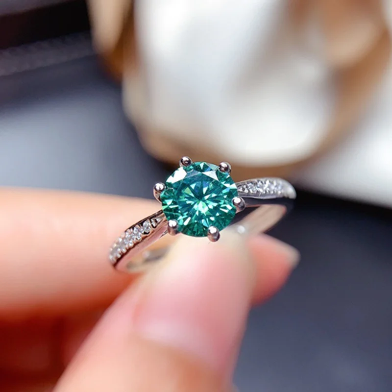 

Blue green lab diamond moissanite ring 1ct 6.5mm vvs with certified fine jewlery test passed royal sterling silver s925