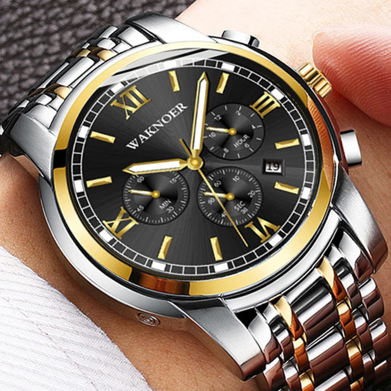 

WAKNOER Luxury Brand Waterproof Business Calendar Watches Men Silver Steel Quartz Analog Watch Male Clock Relogios Masculinos