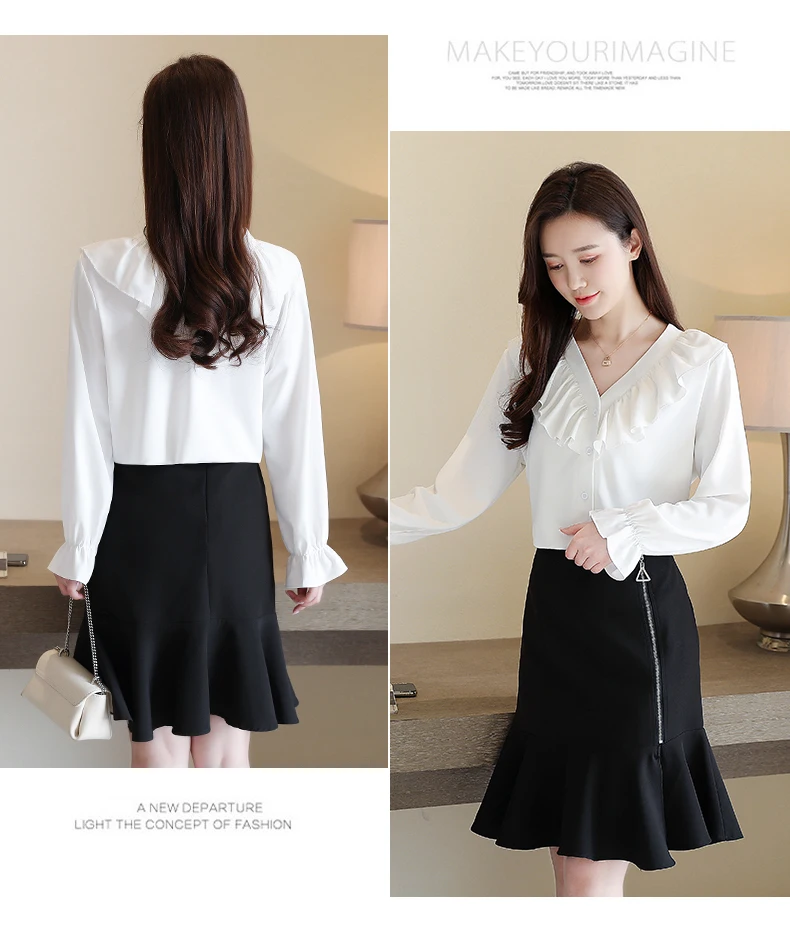 

Houthion Silk Women's Blouses Long Sleeve Top Chiffon Fashion Solid Shirt Summer BlouseCasual New Korean V-Neck Full