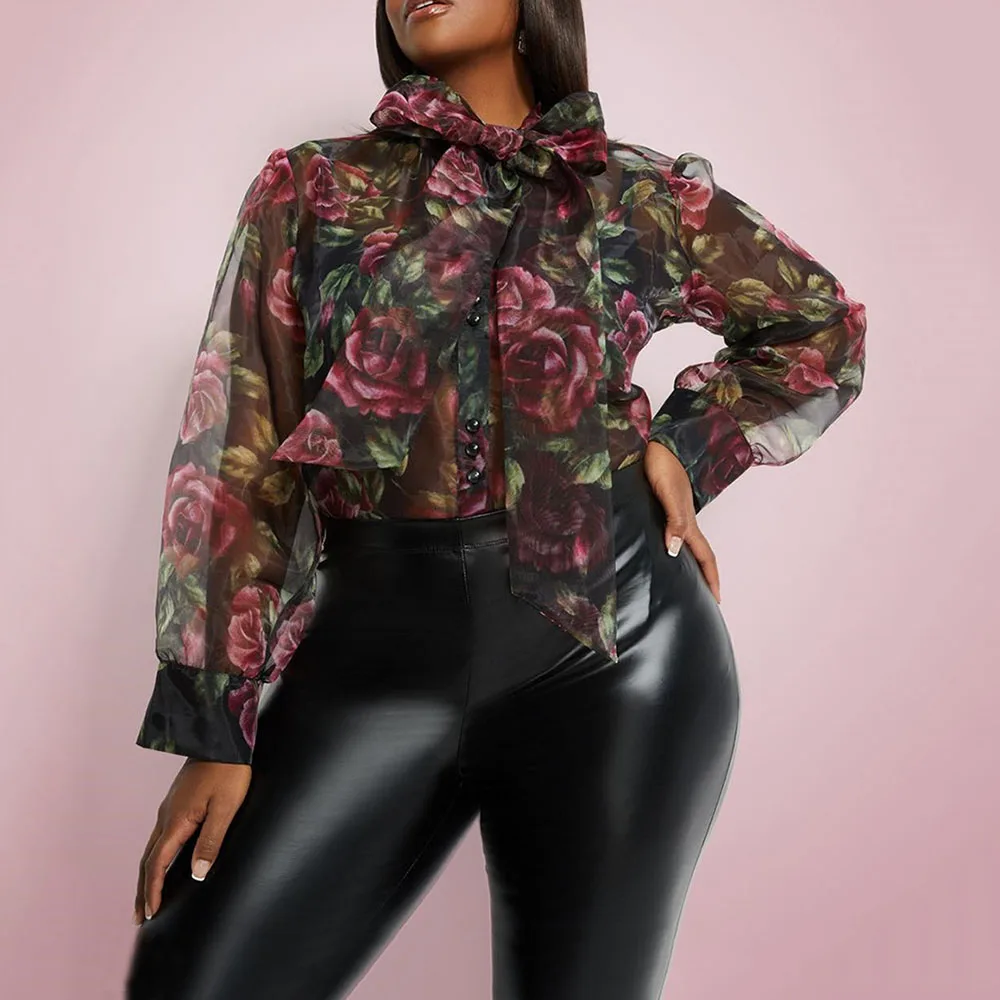 Прозрачная женская блузка с цветочным принтом летняя винтажная длинным рукавом