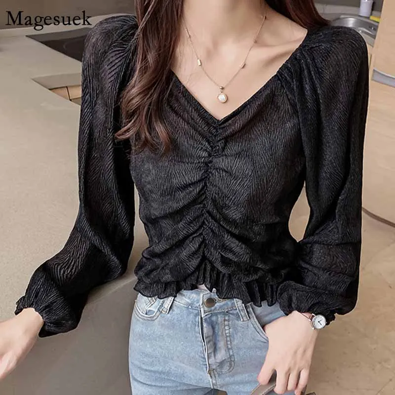 

Women Autumn Vintage Gentle V-neck Folds Ruffled Solid Black Bottoming Slim Pullover Shirt Plus Size Long-sleeved Blouses 11707