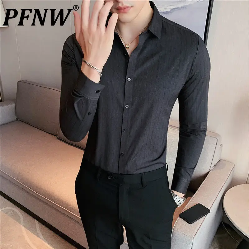 

Мужская деловая рубашка PFNW, легкая элегантная рубашка с длинным рукавом, в темную полоску, без следов, с длинным рукавом, 12X0093
