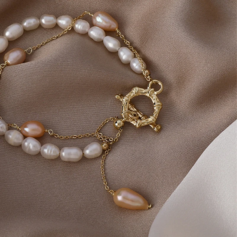 

Korean Style Freshwater Pearl Bracelets Trendy Stylish double-Layer Design OT Buckle Boutique Bracelet For Women Jewelry Girls