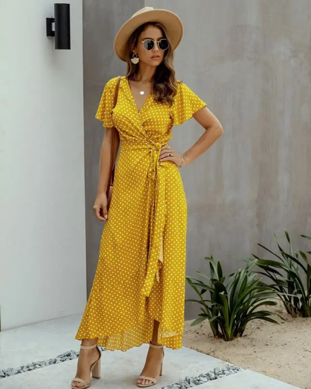 

UK Womens Boho Maxi Floral Summer Dot Ladies Short Sleeve Long Flower Wrap Dress