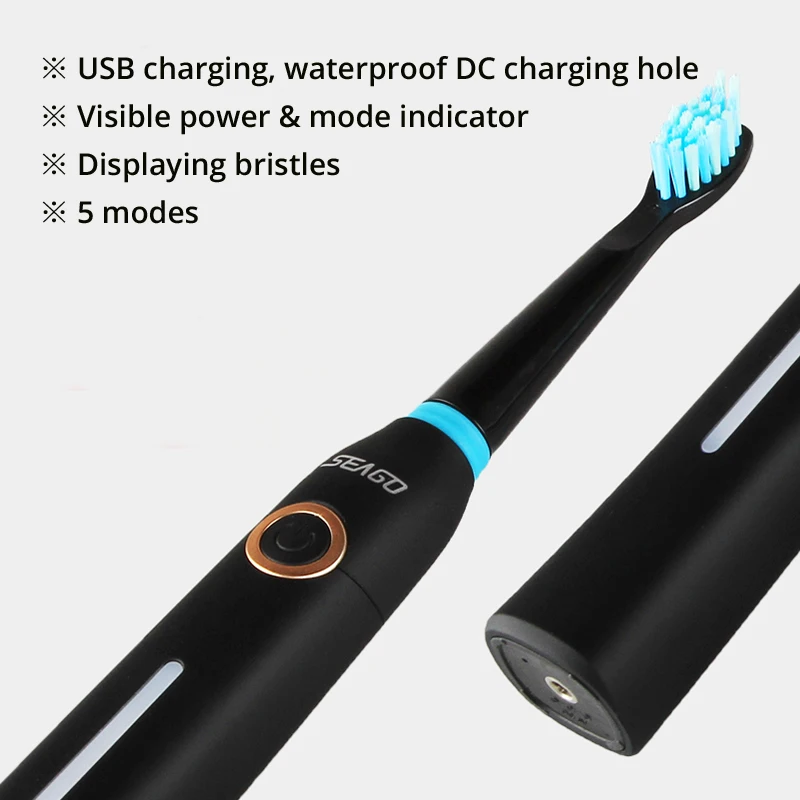 Seago Sonic Electric Toothrbush USB Charging Smat Timer IPX7 Waterproof Gum Care Teeth Cleaner 5 Modes Brush | Бытовая техника