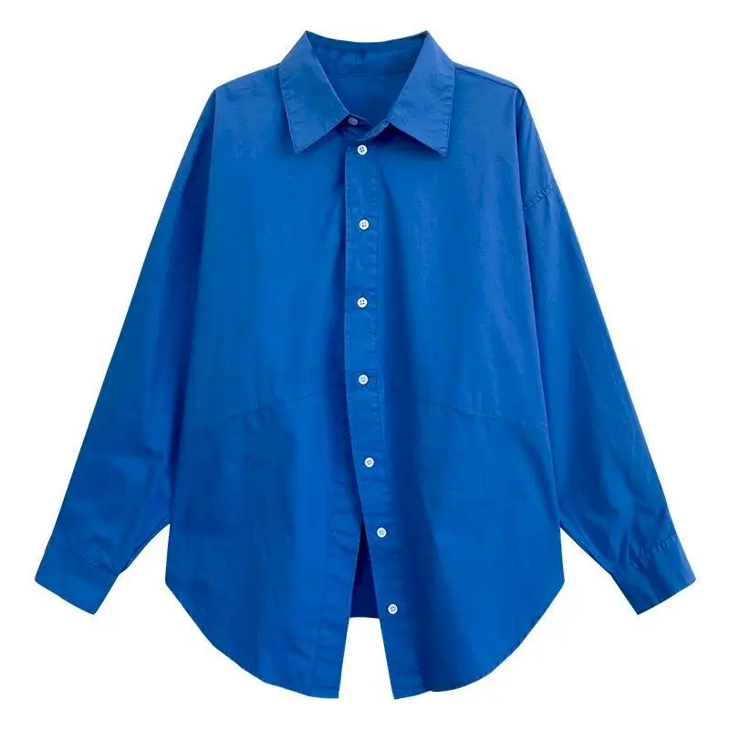 

Рубашка в сине-белую полоску из чистого хлопка, Новинка осени, однотонная Свободная Повседневная рубашка средней длины с длинными рукавами,...