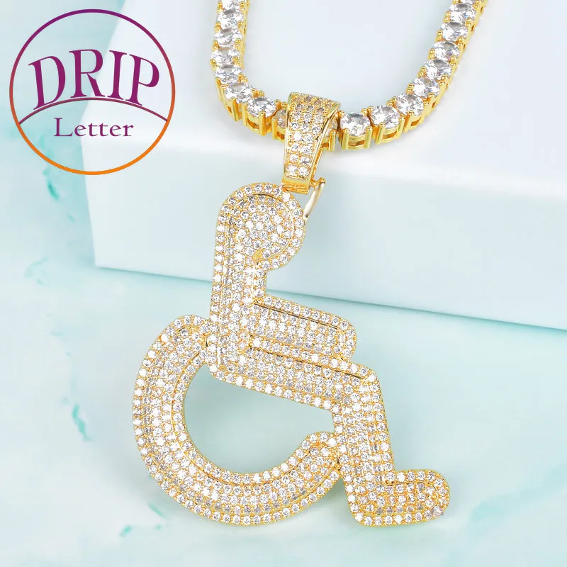 

Мужское украшение в виде инвалидной коляски, с фианитами, в стиле хип-хоп, рок, золотого цвета, ожерелье с подвеской со знаком