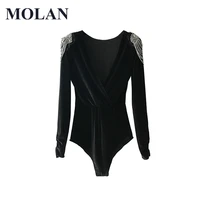 molan bodysuit vintage beading appliques women 2021 fashion sexy backless v neck crossover ladies playsuits casual body femme