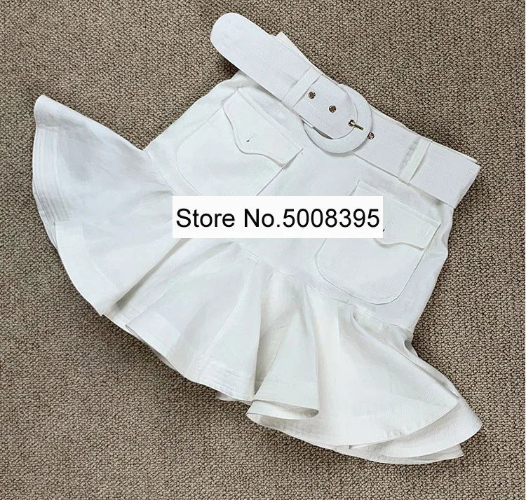 Белая Льняная шелковая короткая юбка с высокой талией и оборками поясом пряжкой