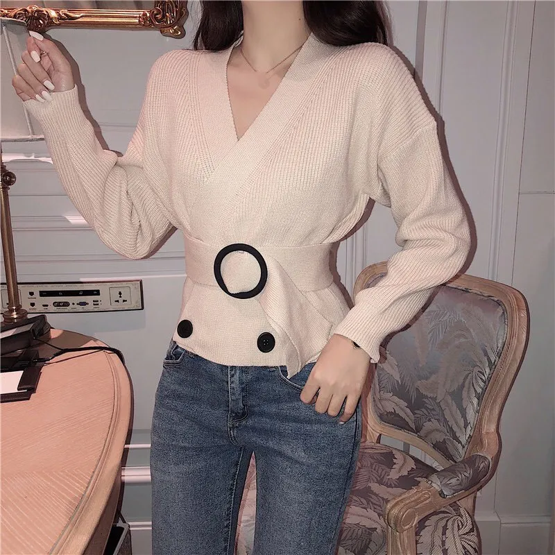 2019 Autumn Winter Sashes Wrap Sweaters Cardigans Women Tops Lace Up Button Double Breasted Solid Minimalist Elegant |