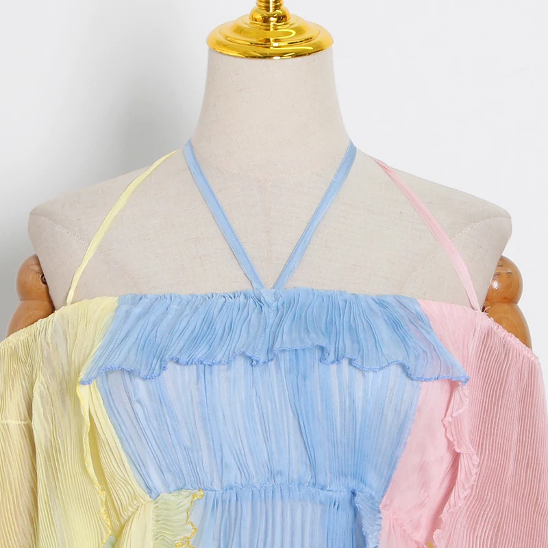 

TWOTWINSTYLE Elegant Patchwork Ruffle Dresses Female V Neck Spaghetti Strap High Waist Hit Color Mesh Summer Dress Women Fashion