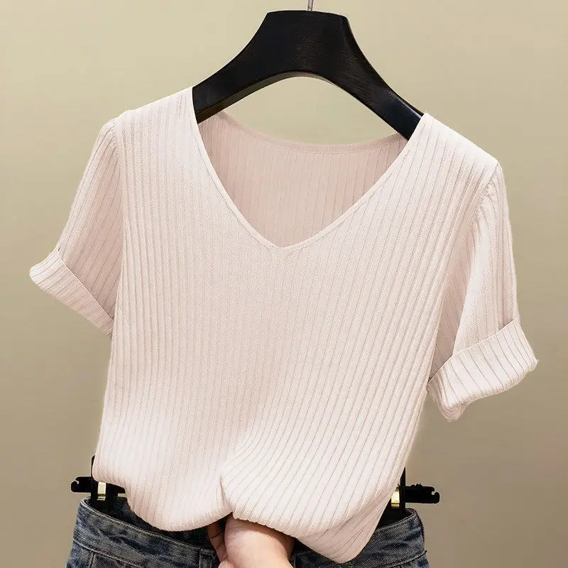 

New Ice Silk V-neck Solid Color Knitted Sweater Female Short-sleeved Rib Was Thin Slim Decorative Jumpers Pullover Women Spring
