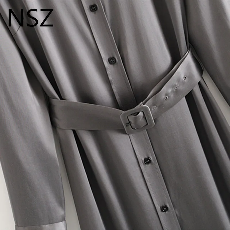 Женское шелковое атласное платье-рубашка NSZ длинное платье с длинным рукавом