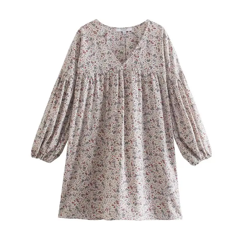 Мини-платье женское с длинным рукавом v-образным вырезом и цветочным принтом |