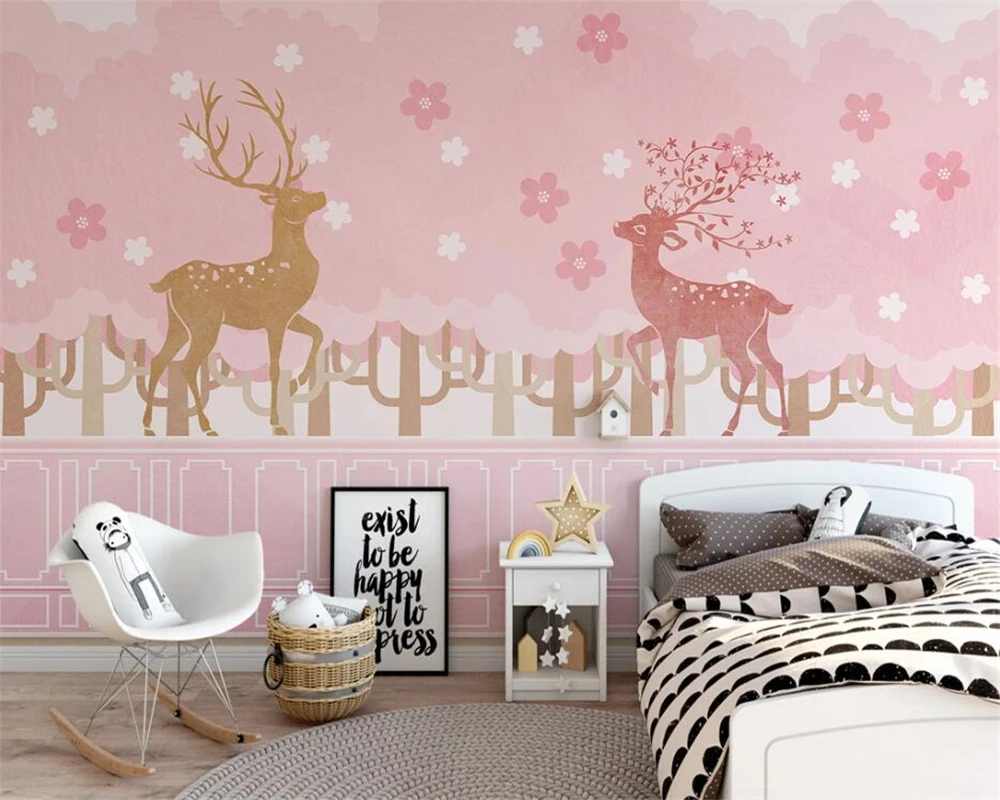 

beibehang Customized modern fashion wallpaper pink elk fortune tree white cloud children's room background papier peint